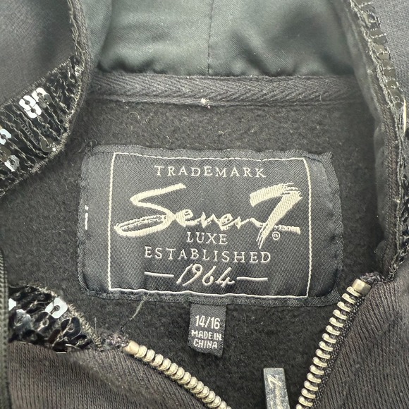 Seven7 Hoodie Womens 14/16 Black Sequin Detail Ruched Front Long Sleeve Full Zip - Picture 3 of 11